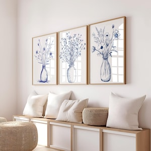 Conjunto 3, dibujo de naturaleza muerta con flores azules, impresión artística de ramo de flores, póster de estética boho, arte de pared botánico imprimible, arte floral de línea fina