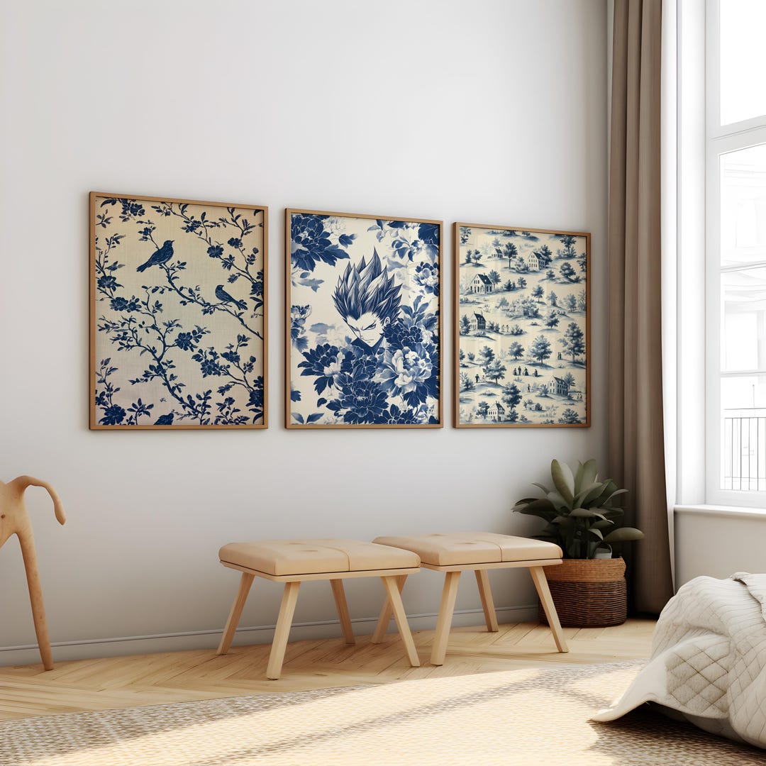 Blue Toile De Jouy Set of 3 Prints Chinoiserie Wall Art Vintage Blue ...