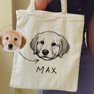 Custom Pet Tote Bag with Name – Dog or Cat Portrait from Photo – Personalized Sketch Canvas Bag – Gift for Pet Owners & Animal Lovers