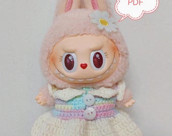 Patrón PDF de traje de crochet Rainbow Labubu / Disfraz de muñeca divertido (descarga instantánea)