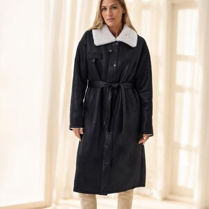 Handmade Black Sheepskin Leather Trench Coat: Faux Fur Lined Winter Overcoat