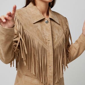 Women Beige Suede Fringe Jacket | Western Boho Cowgirl Button-Up Coat | Soft Faux Suede Shirt Collar Rodeo Outfit | Festival Outerwear