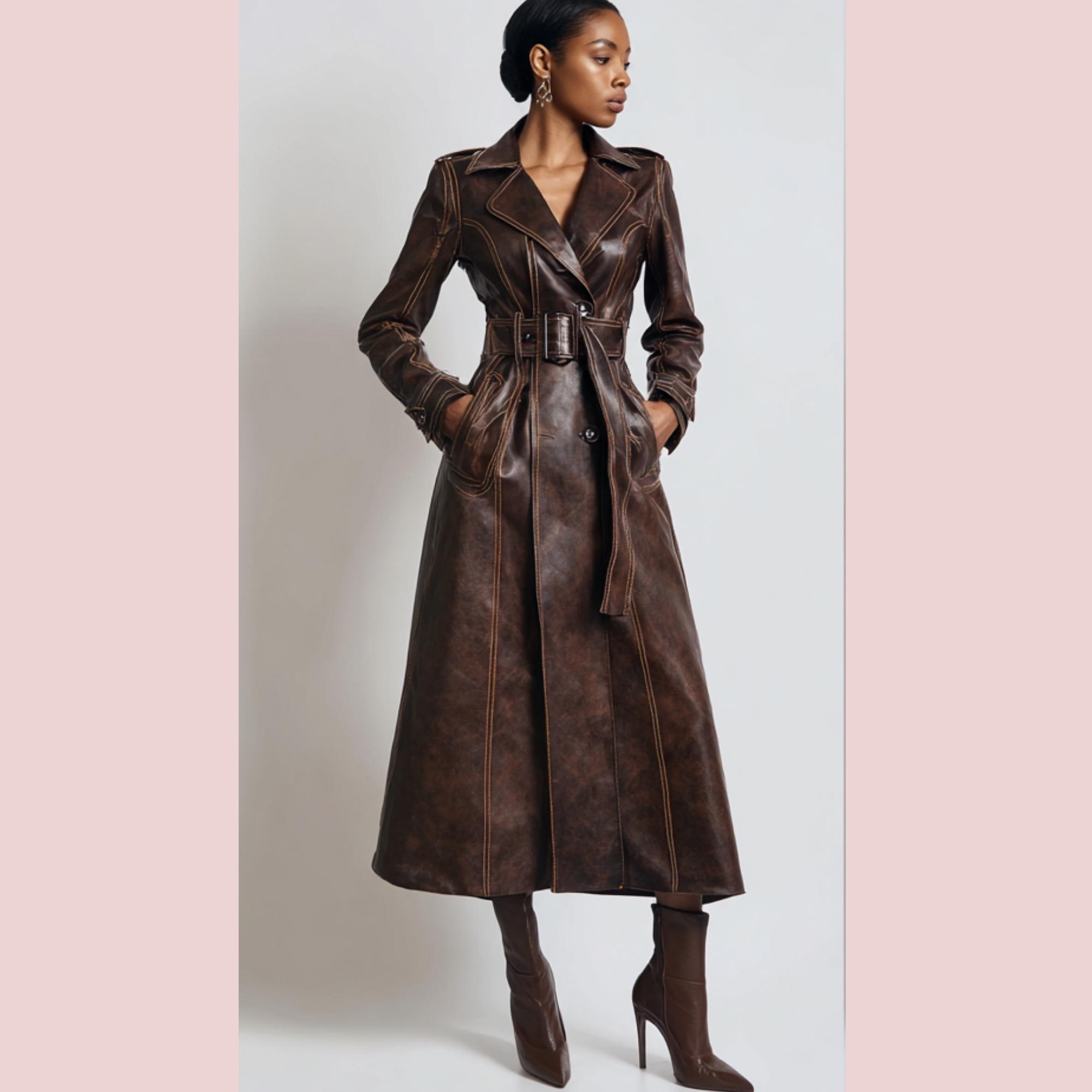 Brown Leather Trench Coat | Vintage Sheepskin Maxi Belted Jacket