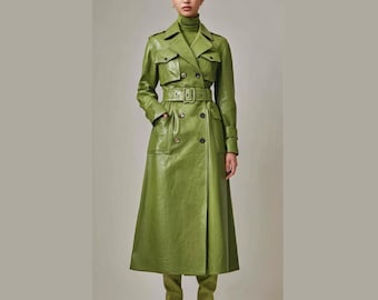 Women's Olive Green Patent Leather Trench Coat – Glossy Army Green Belted Military Maxi Coat | Custom Size | Y2K Gift for Her