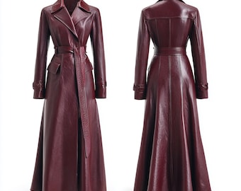 May include: A long, burgundy leather trench coat with a belted waist and a classic collar. The coat features long sleeves, a tailored fit, and a flowing skirt. The front and back views are shown.