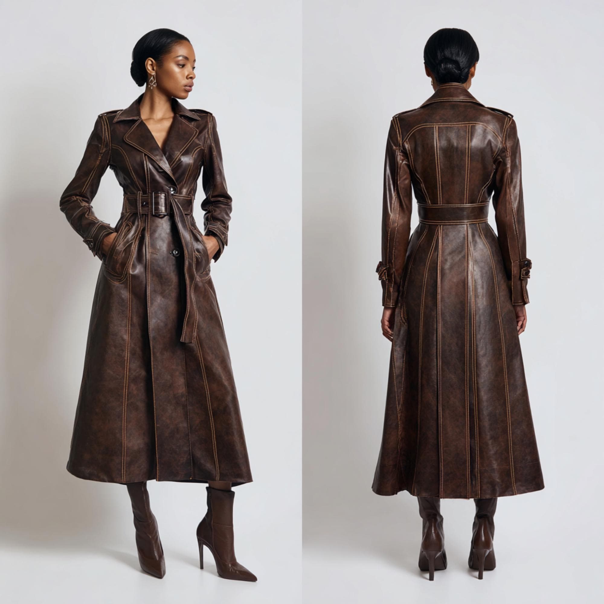 Brown Leather Trench Coat | Vintage Sheepskin Maxi Belted Jacket