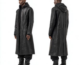 Men's Gothic Faux Leather Hooded Trench Coat: Handmade Winter Overcoat