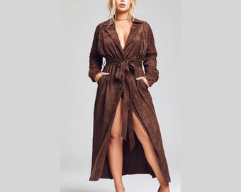 Vintage 90s Brown Suede Trench Coat - Belted Leather Duster Overcoat