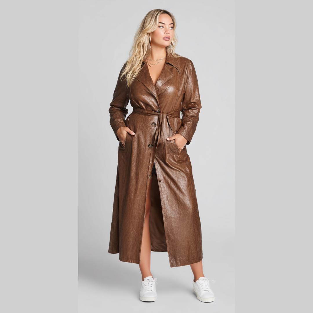Women's Distressed Brown Leather Trench Coat – Vintage Long Belted