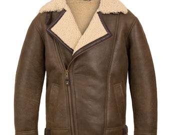 Handmade Men's Shearling Sheepskin B3 Aviator Leather Jacket