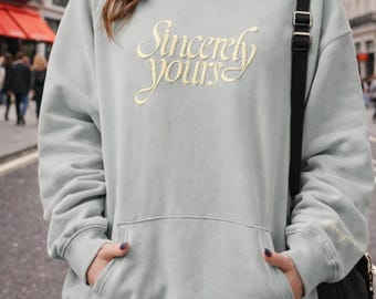 Embroidered 'Sincerely Yours' Hoodie | Gray & Light Blue Fleece Pullover
