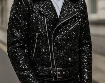 Handmade Black Sequin Biker Jacket for Men