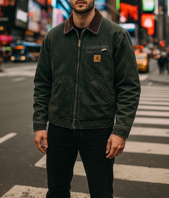 Handmade Vintage Style Detroit Jacket: Moss Green Retro Streetwear