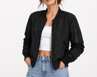 Women's Black Lightweight Bomber Jacket, Casual Street Style Coat