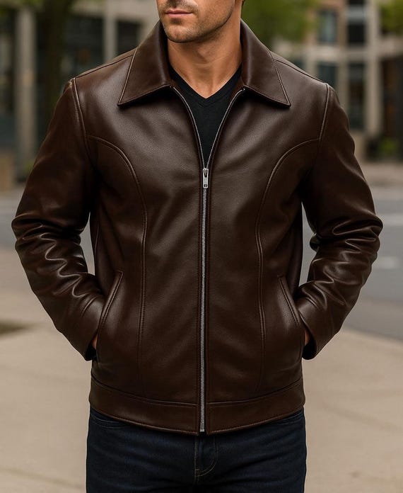 Handmade Coffee Brown Leather Jacket: Men's Mafia Style Biker Coat