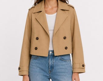 Cropped Trench Jacket Women, Beige Cotton Jacket, Double Breasted Short Coat, Spring Outerwear