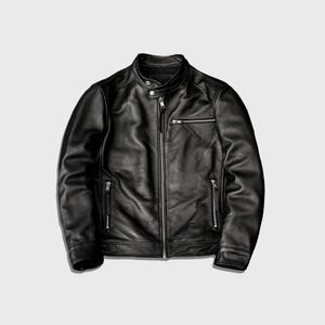 Handmade Mens Sheepskin Racer Jacket: Black Motorcycle Leather Jacket