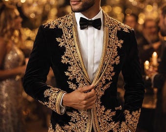 Handcrafted Gold-Tone Embroidered Velvet Tuxedo Blazer | Wedding Gift for Him