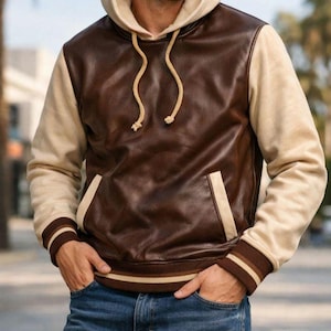 Unisex Leather Look Hoodie Jacket  Casual Streetwear Pullover with Contrast Sleeves | Vintage Varsity Style Hoodie | Fall Winter Fashion Gif