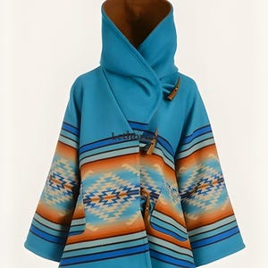 May include: A turquoise blue hooded jacket with a southwestern pattern and brown toggle closures. The jacket has a wide collar and a loose fit.