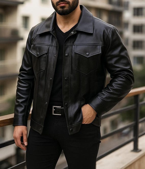 mens black leather dress jacket Handmade Mens: Flap Pocket Mafia Style Biker Coat Memorial Day