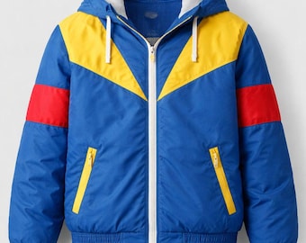 May include: A blue hooded jacket with yellow and red accents. The jacket features a white zipper, yellow zippered pockets, and a white drawstring on the hood. The sleeves have red stripes, and the jacket has a ribbed hem and cuffs.