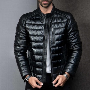 Mens Puffer Leather Jacket Black Handmade - Mens Biker Leather Jacket - Mens Leather Fashion Biker Quilted Jacket Winter Jacket Gift For Him