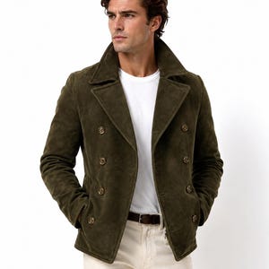 Men's Olive Green Suede Leather Double Breasted Peacoat, Vintage  Smart Casual Jacket