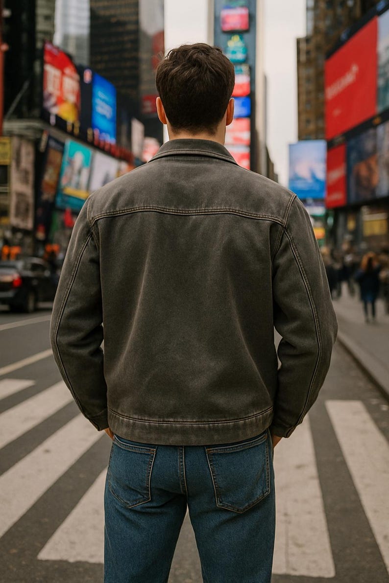 May include: A dark grey denim jacket with a classic collar and button closure. The jacket is paired with blue jeans. The person is standing on a pedestrian crossing in a city setting with bright billboards in the background.