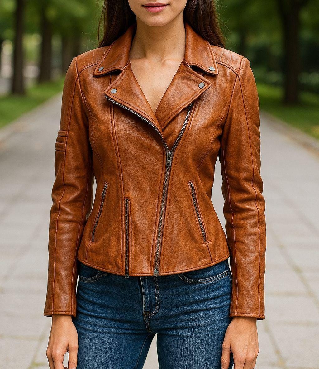 Handmade Lambskin Leather Biker Jacket: Women's Tan Moto Outerwear