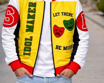 Unisex Yellow Colorblock Varsity Jacket, Graphic Letterman Bomber, Streetwear Fashion