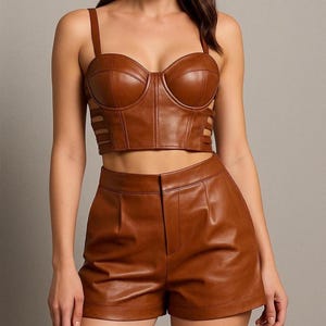 Handmade Brown Leather Corset Top & High-Waisted Shorts Set