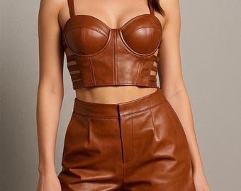 Handmade Brown Leather Corset Top & High-Waisted Shorts Set