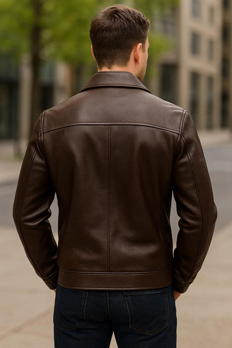 May include: A brown leather jacket with a classic design. The jacket features a collared neckline, a front closure, and a tailored fit. The back of the jacket is visible, showcasing the stitching details. The person is wearing dark blue jeans.