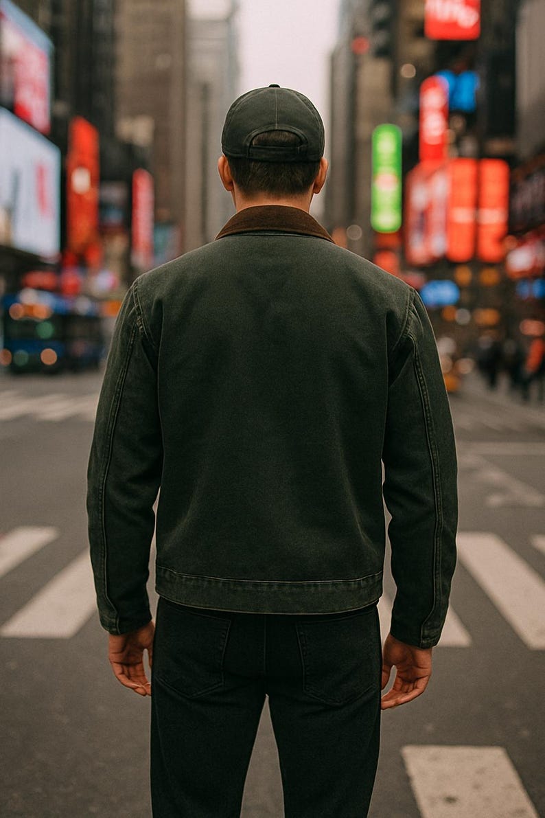 May include: A person wearing a dark green jacket with a brown collar and a dark green baseball cap, standing on a city street. The person is facing away from the camera. The background features city buildings and street lights.