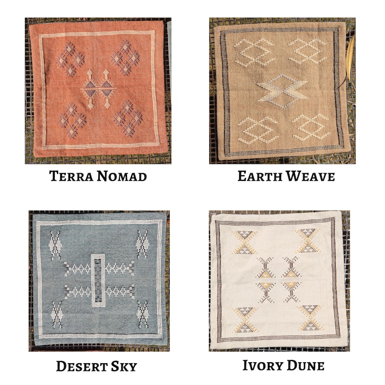 May include: Four square decorative pillows with geometric designs. The pillows are in shades of terra cotta, tan, light blue, and ivory. Each pillow has a different pattern and is labeled with a name: Terra Nomad, Earth Weave, Desert Sky, and Ivory Dune.