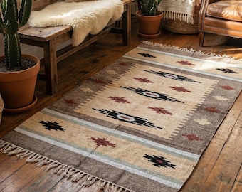Alfombra tejida a mano de algodón y seda / 90 x 150 cm, estilo kilim bohemio del suroeste