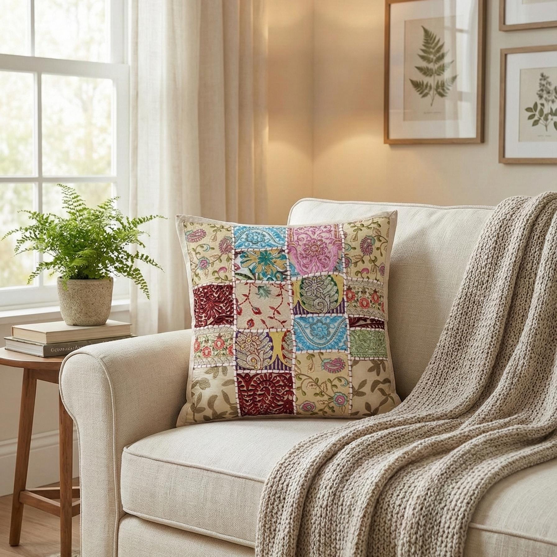 Coussin Patchwork Floral En Tissu Américain, Fait Main, Artisanal, 100% Coton