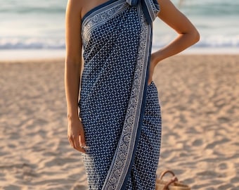 Navy Blue Block Print Cotton Sarong | Oversized Beach Wrap & Swimsuit Cover Up | Boho Summer Pareo (44x72)