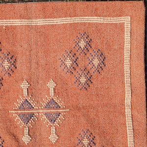 May include: Close-up of a terracotta-colored woven rug with geometric patterns. The rug features a repeating design of diamond and arrow-like shapes in white and blue. A white border frames the edges.