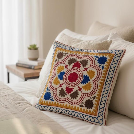 Boho Pink Color Cotton Fabric Embroidered Indian Pillow cover Resturent Décor