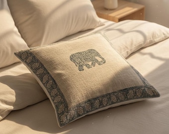 Handmade Cotton Pillow Cover 18x18 – Blue Elephant Block Print Pillow Case with Floral Border