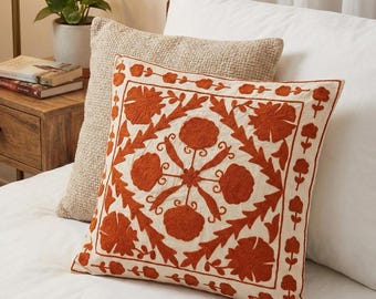 Handmade Embroidered Cotton Pillow Cover | Boho Floral Mandala, 18x18