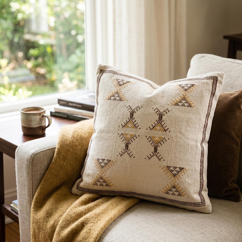 May include: A square, cream-colored decorative pillow with a geometric pattern in brown and gold. The pillow is on a light-colored sofa with a mustard-yellow throw blanket. A brown mug sits on a side table.