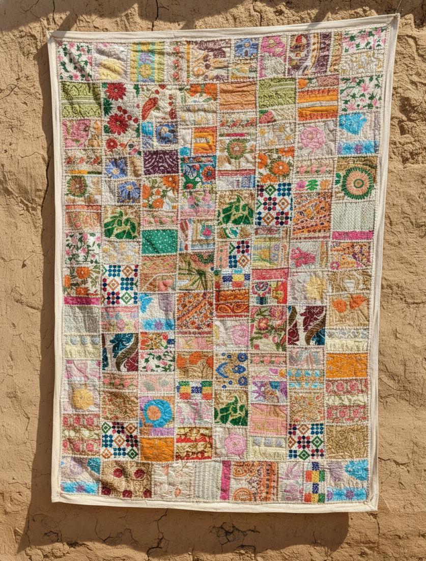 Tapisserie patchwork brodée main indienne ancienne murale vintage Al