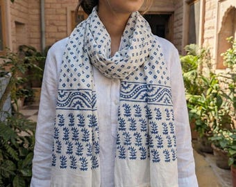 Handblock Printed Cotton Scarf: Indigo Blue Floral Summer Wrap