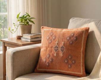 Sabra handgjort bomullskuddfodral 40 x 40 cm | Boho örngott | Marockansk tribal geometrisk plädkudde | Rustik handgjord heminredning