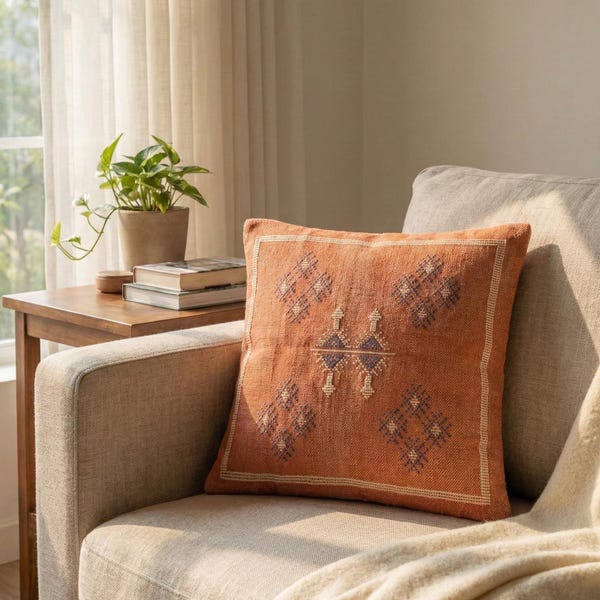 Sabra Handmade Cotton Cushion Cover 18x18 Inch | Boho Pillow Cover | Moroccan Tribal Geometric Throw Pillow | Rustic Handmade Home Decor