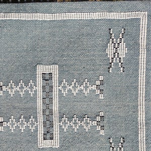 May include: Close-up of a woven textile with a teal background. The fabric features white and black geometric patterns, including diamond and rectangular shapes. White borders and accents frame the design, creating a textured, decorative piece.