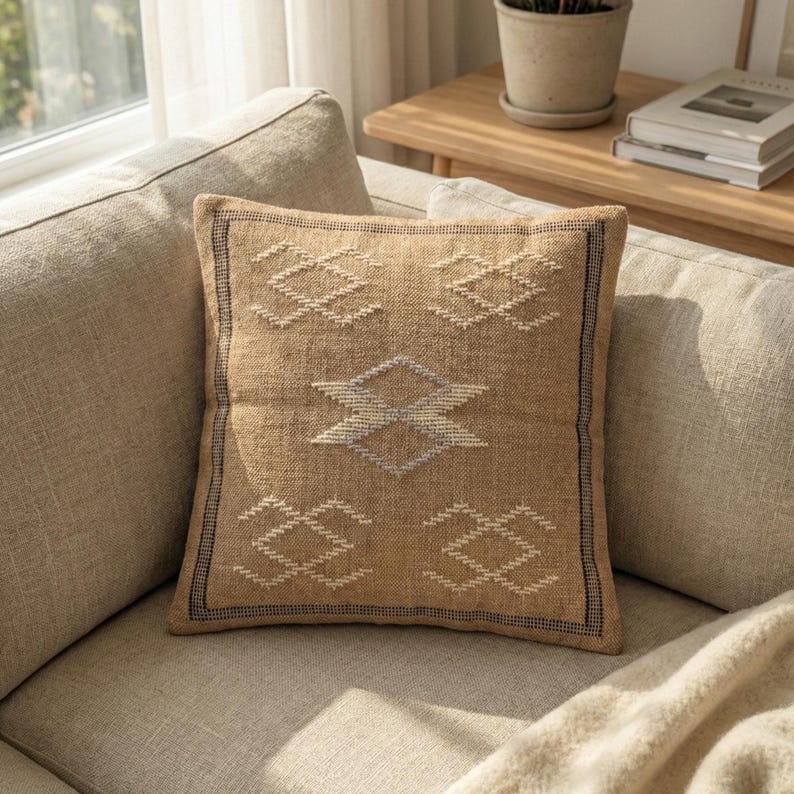 May include: A square decorative pillow with a tan woven fabric and a geometric pattern in white and light blue. The pillow is placed on a beige sofa, creating a cozy and inviting atmosphere.